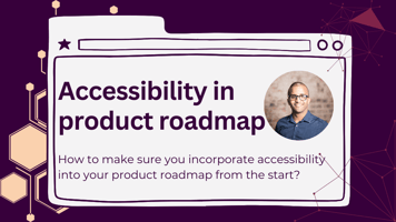 Decorative header with the title "accessibility in product roadmap". Below it is the sub title "how to make sure you incorporate accessibility from the start". A headshot of Ahmed Khalifa, a black man, smiling, wearing dark glasses and navy shirt, is beside the titles in circular frame.