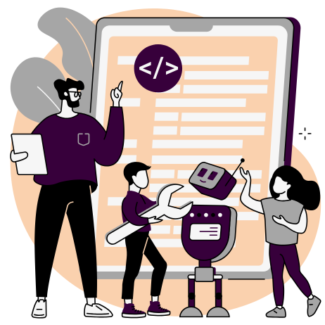 Digital art vector of three people, with one larger person pointing to a large screen with a code symbol. The other two people are attempting to fix a robot with one of them holding a large spanner towards the robot.