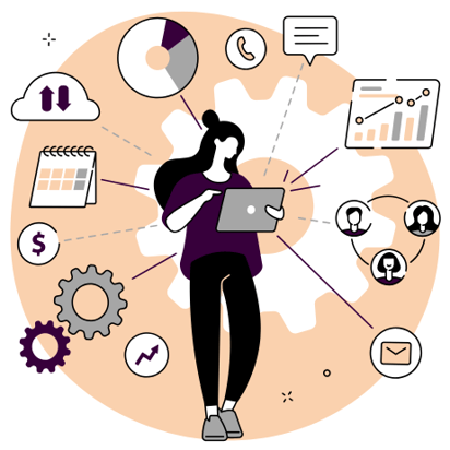 Digital art vector of a woman holding a laptop with various icons pointing to her such as gears, envelopes, personas, cloud and graphs.