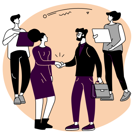 Digital art vector of two people shaking hands and two people holding a tablet each.