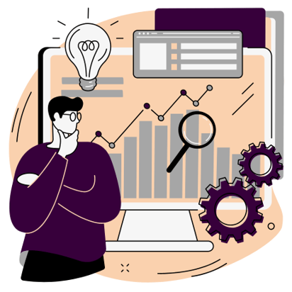 Digital art vector of a man wearing glasses, looking at a large desktop monitor which has graphs, light bulb, magnifying glass and gears.