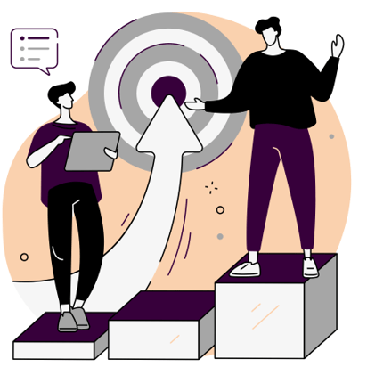 Digital art vector of two people, one standing holding a tablet and standing at a lower graph. The other person is standing at a slightly higher graph. They are both conferring in front of a target with an arrow pointing to the centre.