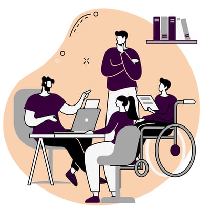 Digital art vector of 4 people around a table, with two sitting in front of. a laptop, one is standing and one is a wheelchair user holding a piece of paper.