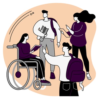 Digital art vector of four people having a conversation. One is carrying a backpack, one is holding a notepad, one is carrying a backpack and books, and one is a wheelchair user reading a book.