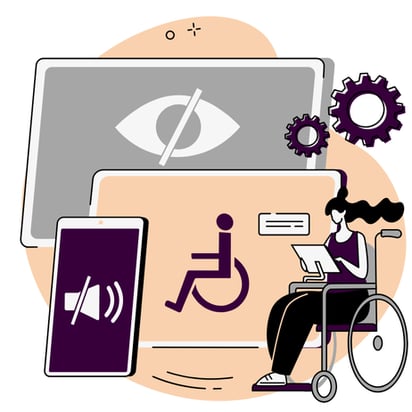 Digital art vector of a wheelchair user holding tablet while standing in front different monitors that has blind icon, wheelchair/disability icon and volume off icon.