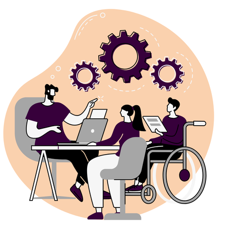 Digital art vector of 3 people around a table, one being a wheelchair user, with a floating gears icon above them.