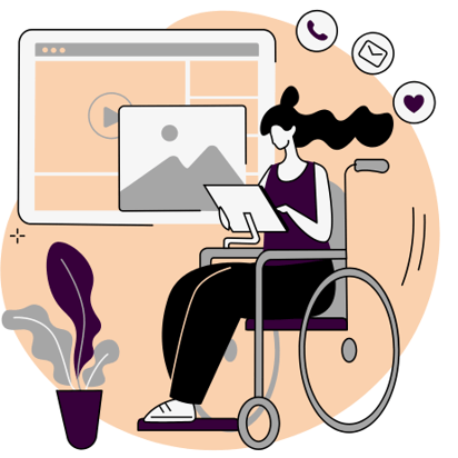 Digital art vector of a wheelchair user holding a tablet while standing in front of a large tablet monitor.