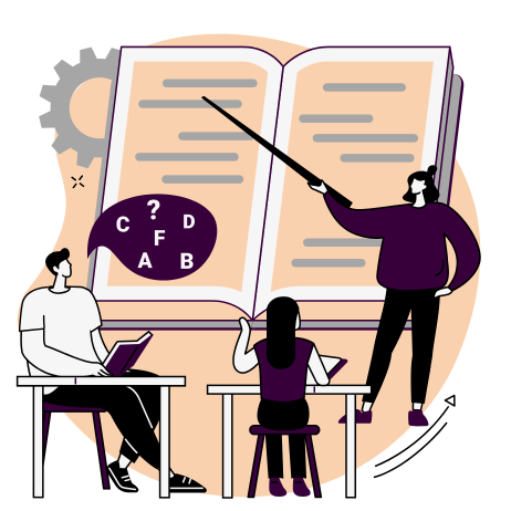 Digital art vector of three people with one of them standing and pointing at large book with a stick. Another is sitting down holding her hand up. And a 3rd is holding a book but a speech bubble is illustrating several letters and a question mark, appearing confused.