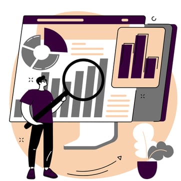 Digital art vector of a man holding a large magnifying glass and looking at a large desktop monitor that has several different line graphs and pie chart.