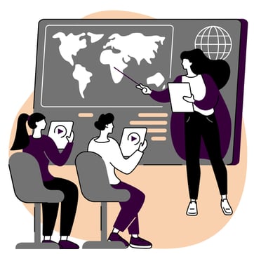 Digital art vector of three people, with two of them sitting down and holding a tablet, and one person pointing at a large screen behind while holding a stick.