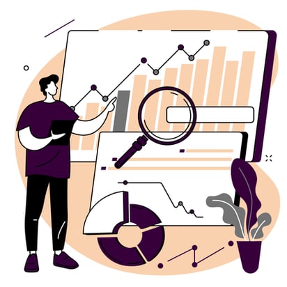 Digital art vector of a man holding a tablet while standing in front of several different graphs on different screens.