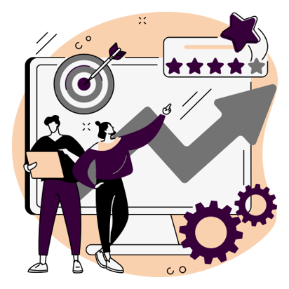 Digital art vector of two people, one standing holding a tablet and the other being pointing to a large desktop monitor that has a graph, target with a dart in the middle, gears icon and a 5-star rating with one star being removed.