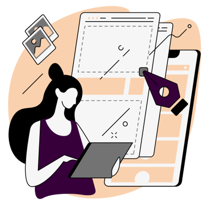 Digital art vector of a woman holding a tablet while standing in front of a wireframe that has a fountain pen nib writing on it.