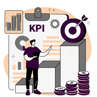 Digital art vector of a man holding a tablet, standing in front of a 3D graph, stack of dollar coins and a large clipboard with KPI and graphs.