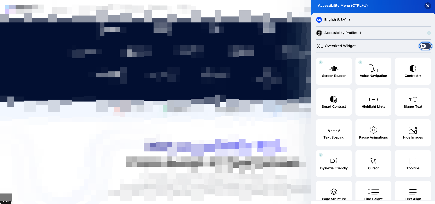 Blurred image of a website where on the right, it's displaying a typical accessibility overlay setting and a list of options to choose such as voice navigation, bigger text, dyslexia friendly and page structure.