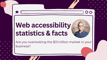 Decorative header with title "web accessibility statistics and facts". Below it is the sub title "are you overlooking the $13 trillion market in your business?". A headshot of Ahmed Khalifa, a black man, smiling, wearing dark glasses and navy shirt, is beside the titles in circular frame.