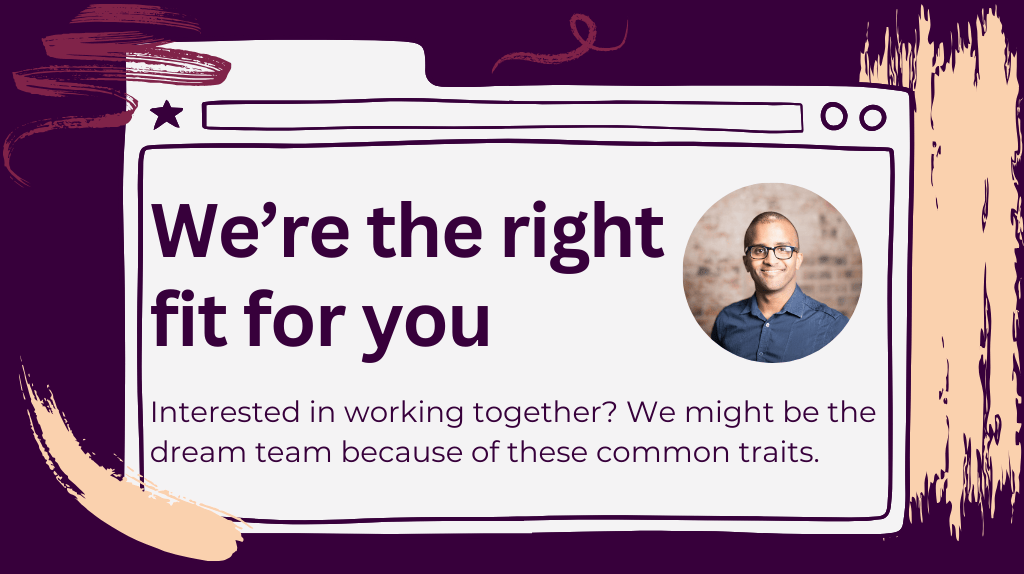 Decorative header with the title "We're not the right fit for you". Below it is the sub title "interested in working together? Interested in working together? We might be the dream team because of these common traits.". A headshot of Ahmed Khalifa is beside the titles in circular frame. Decorative header with the title "We're not the right fit for you". Below it is the sub title "interested in working together? Interested in working together? We might be the dream team because of these common traits.". A headshot of Ahmed Khalifa is beside the titles in circular frame.