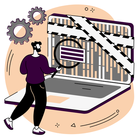 Digital art vector of a man holding a magnifying glass in front of a large laptop that has tapes over it and gears icon beside it.